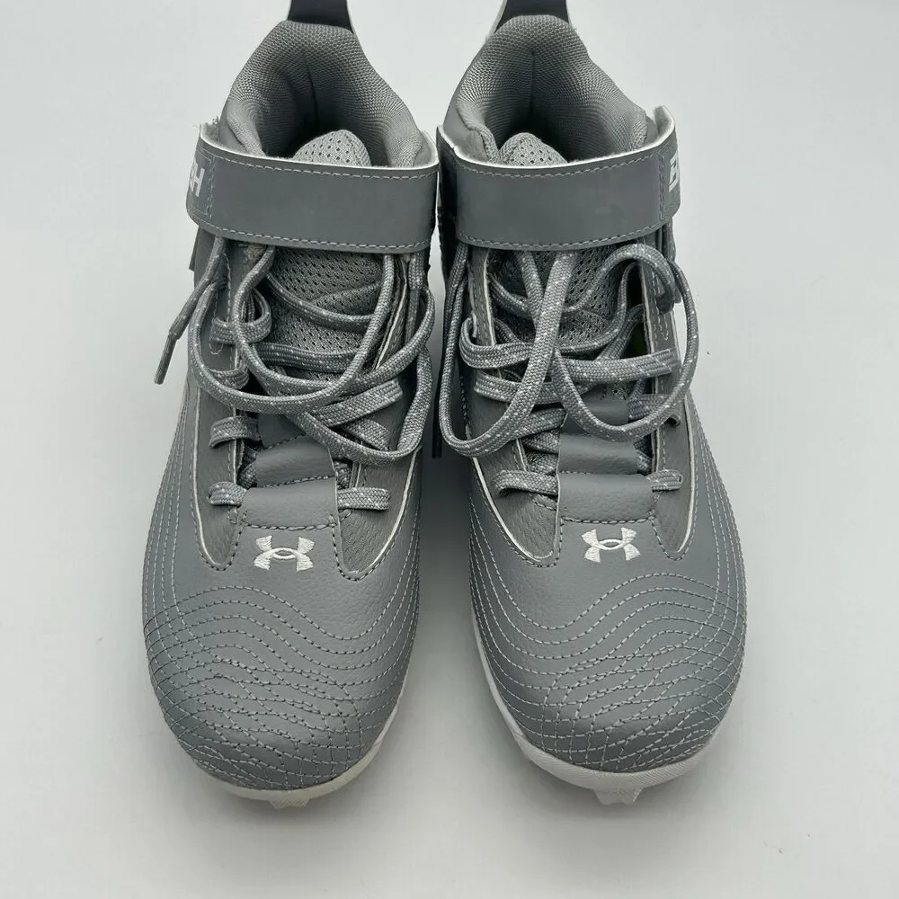 Under Armour Boys Baseball Cleats Gray White Mid Top Size 3.5Y Hook Loop